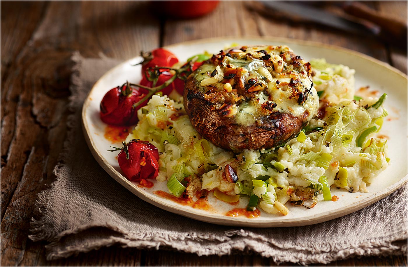 Cheesy stuffed mushrooms with leek mash recipe