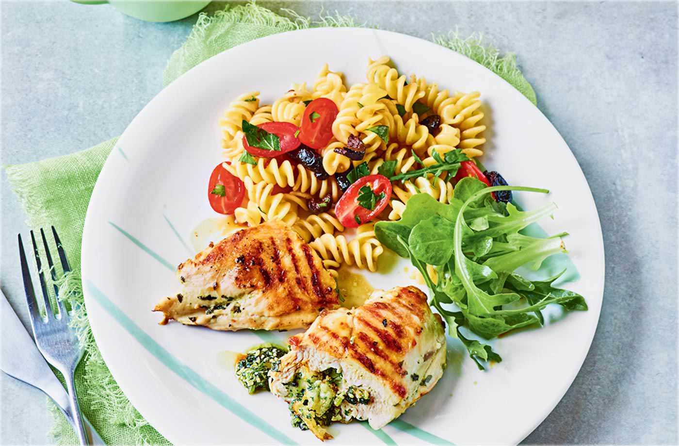 Basil and mozzarella stuffed chicken with pasta salad recipe