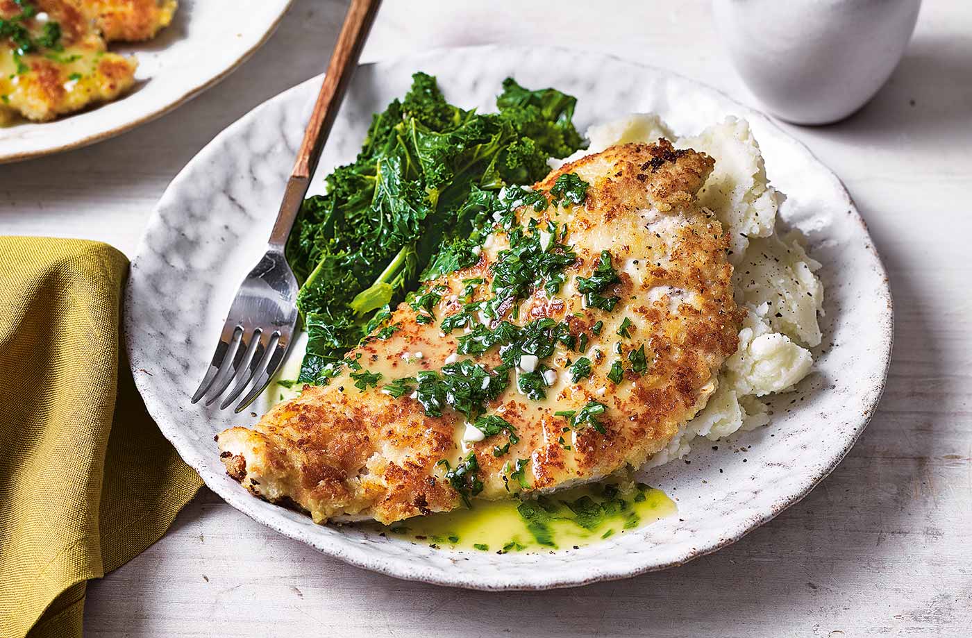 Chicken schnitzel with 'Kiev' mash recipe