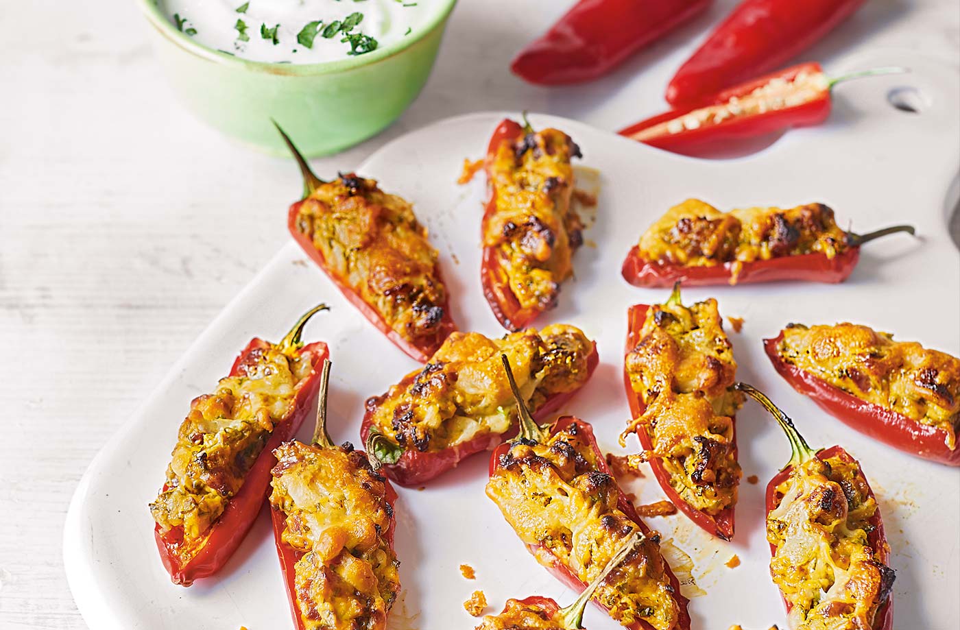 Chorizo-stuffed chillies with coriander dip recipe