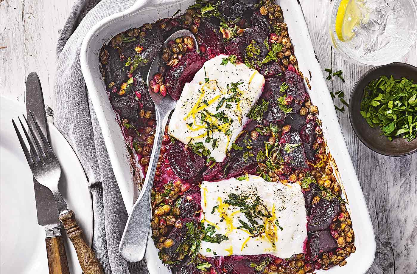 Cod, lentil and beetroot traybake recipe