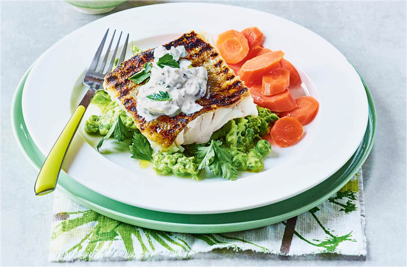 Crispy cod with pea mash and lighter tartare sauce recipe