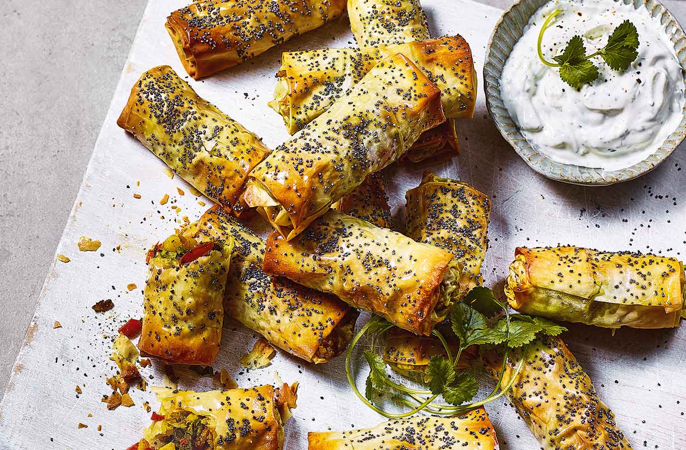 Curried potato, pepper and spring green rolls recipe