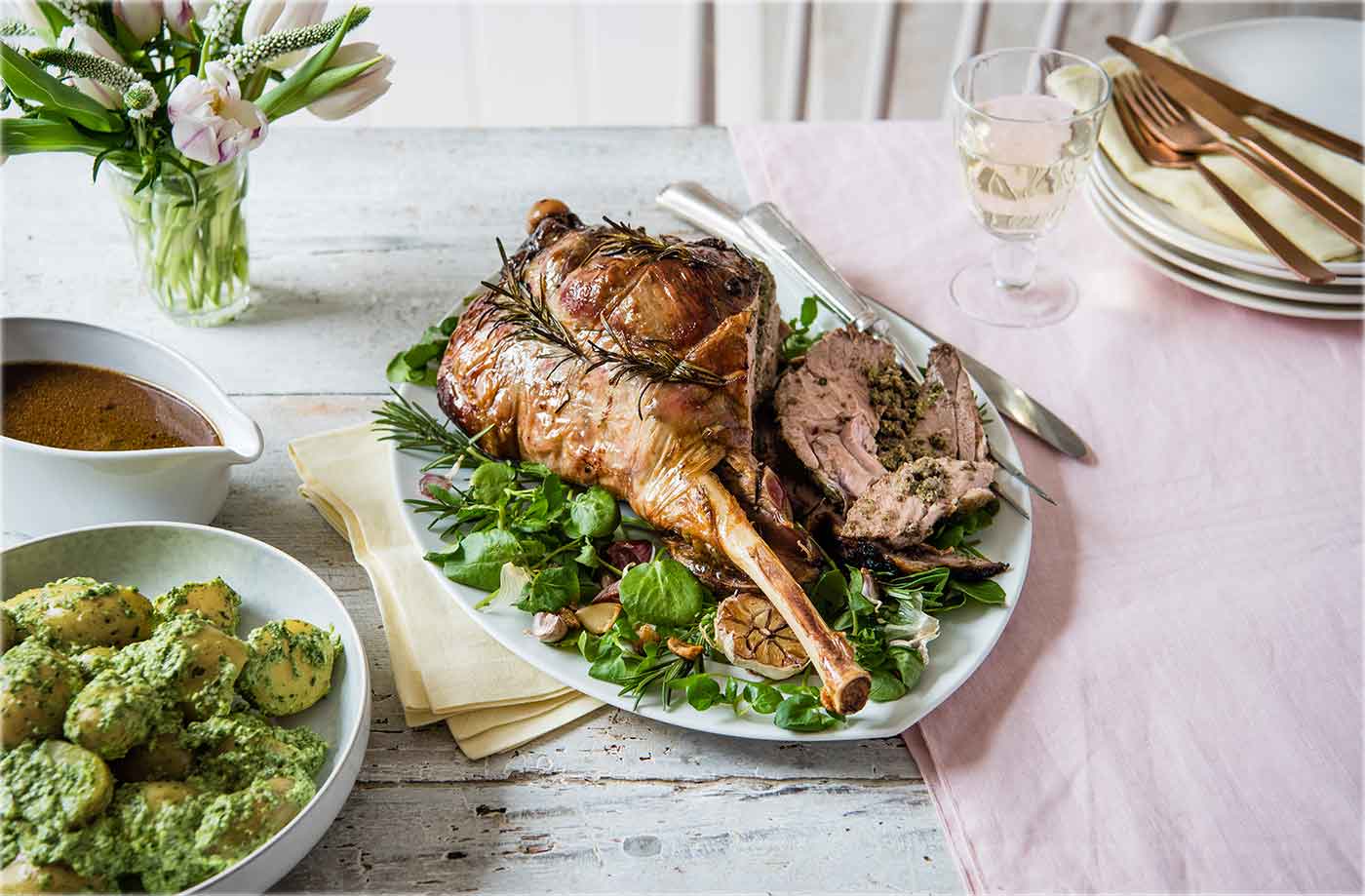 Roast leg of lamb stuffed with watercress and anchovies recipe
