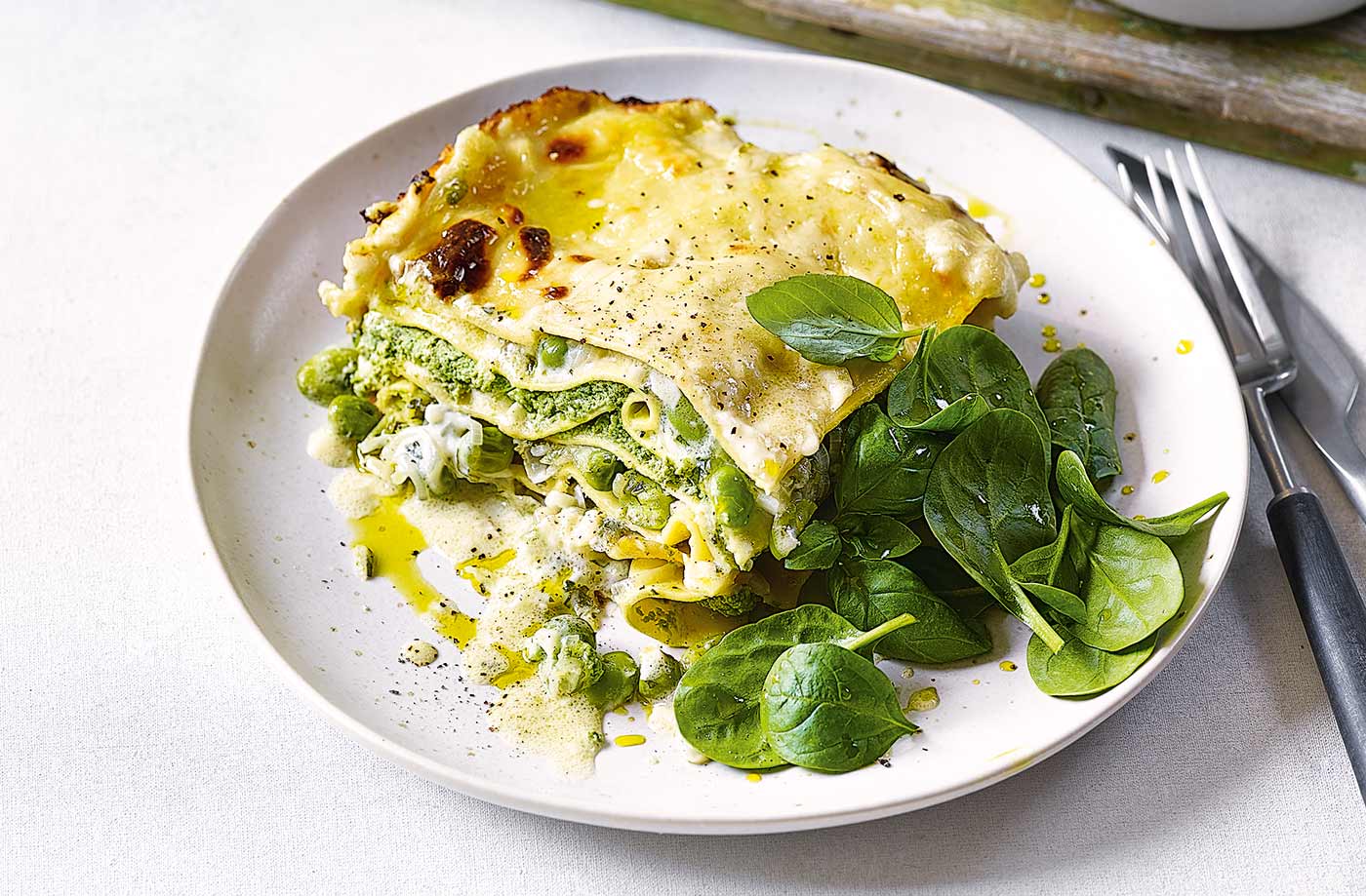 Four-cheese and spring vegetable lasagne recipe