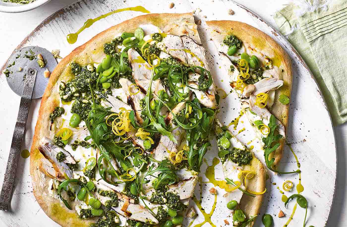 Griddled chicken, broad bean and rocket pizza recipe