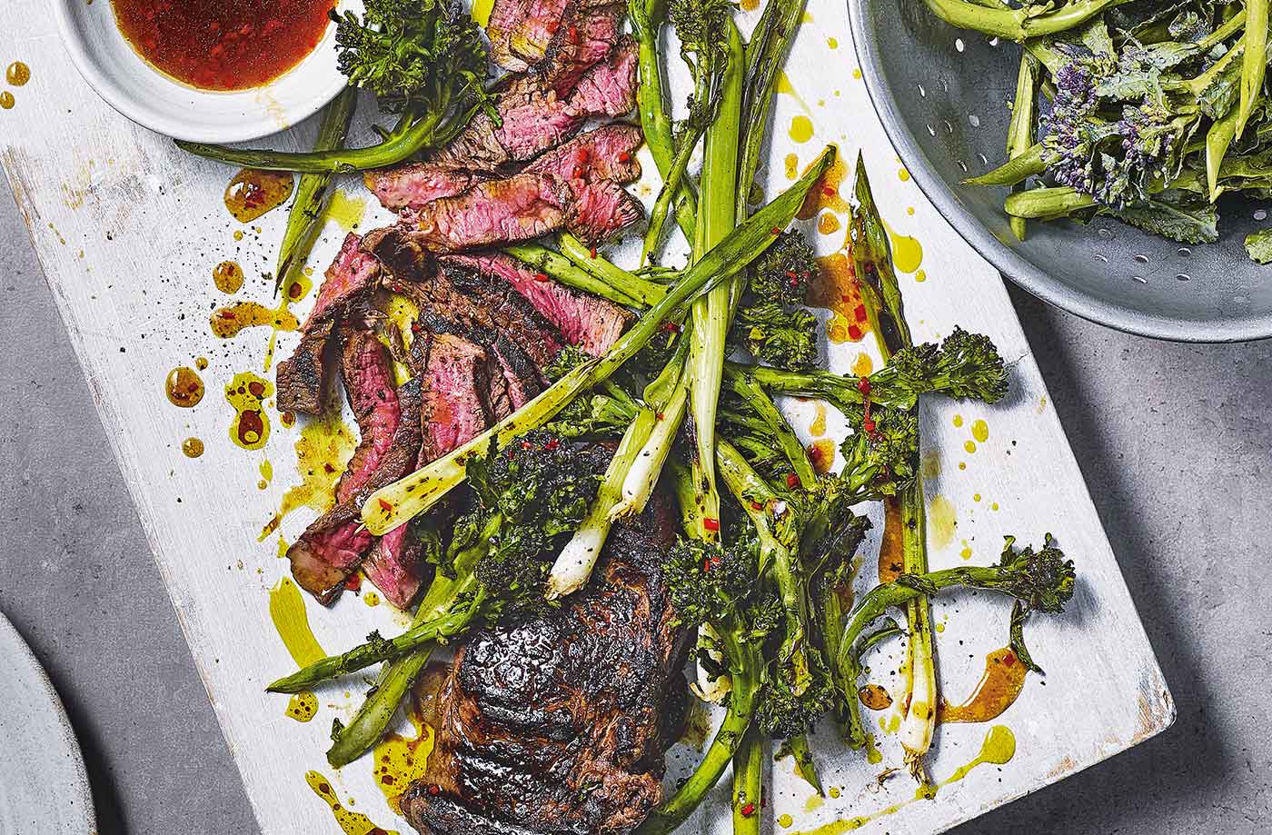 Griddled steak and purple sprouting broccoli with sticky mango sauce recipe
