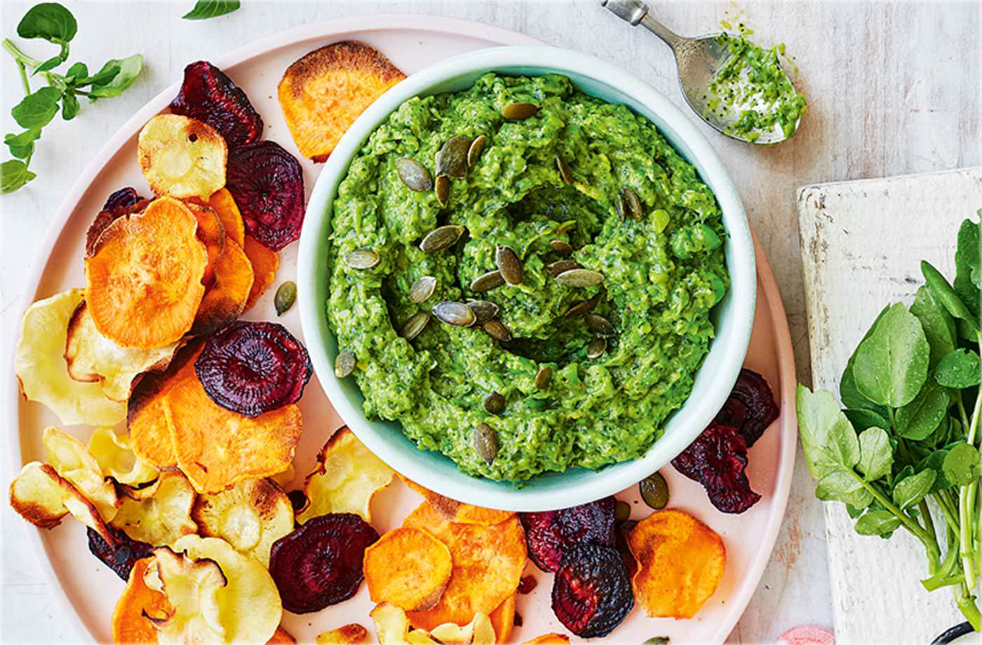 Watercress guacamole with homemade vegetable crisps recipe