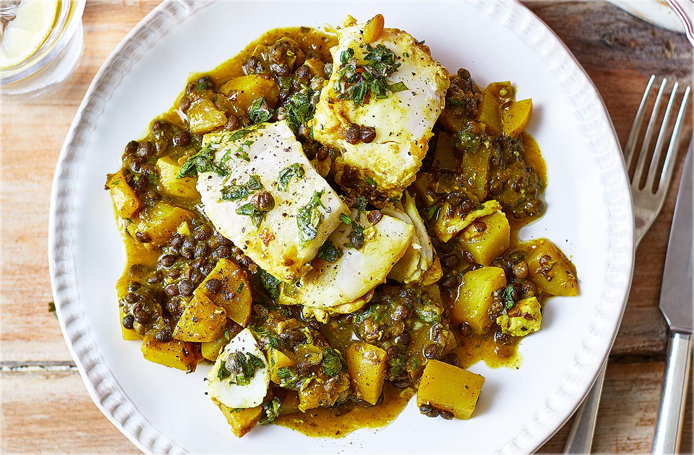 Haddock and lentil stew with green salsa recipe
