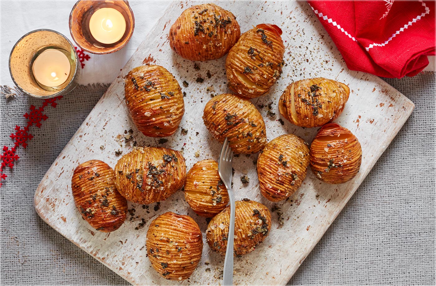 Sage and rainbow peppercorn hasselback potatoes recipe