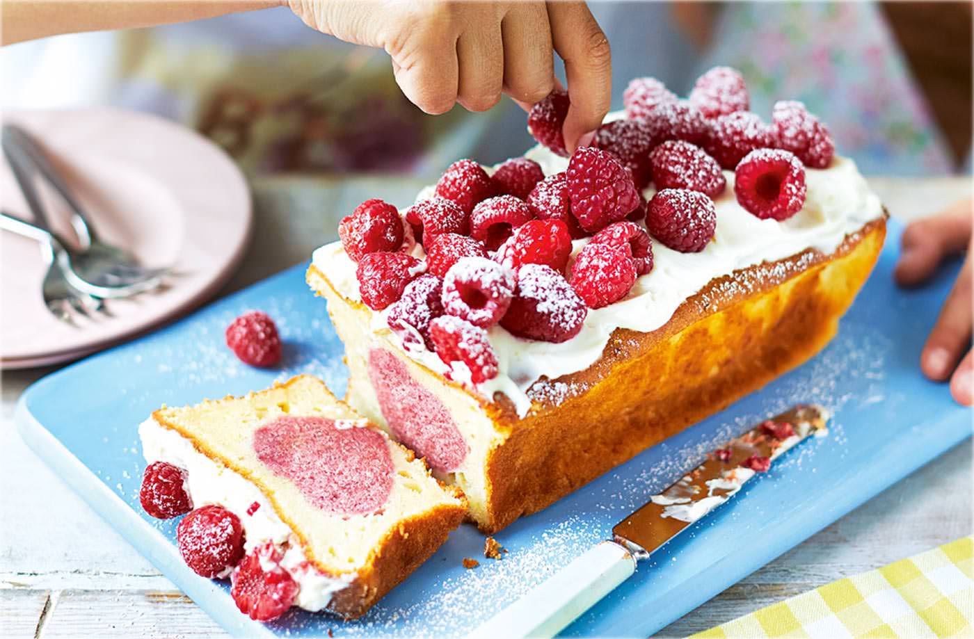 Raspberry heart loaf cake recipe