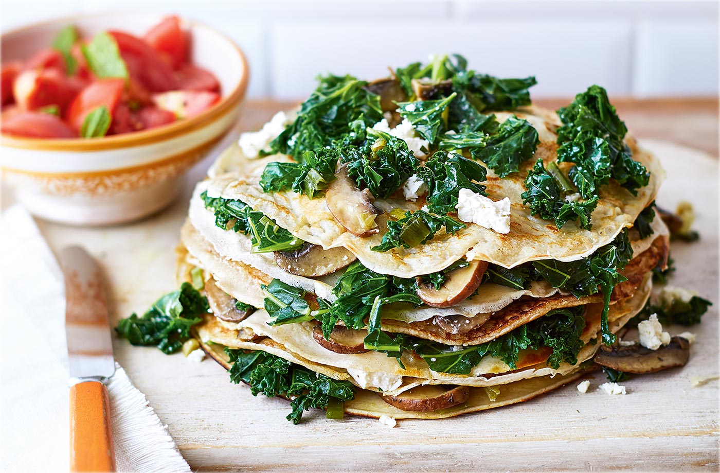 Kale and feta pancake stack recipe