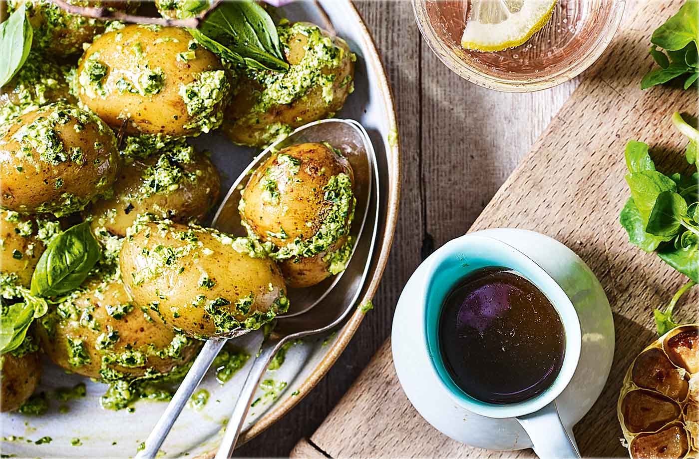 New potatoes with creamy basil and spinach pesto recipe