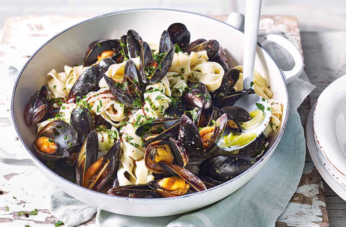 One-pot cider mussels with leeks and tagliatelle recipe