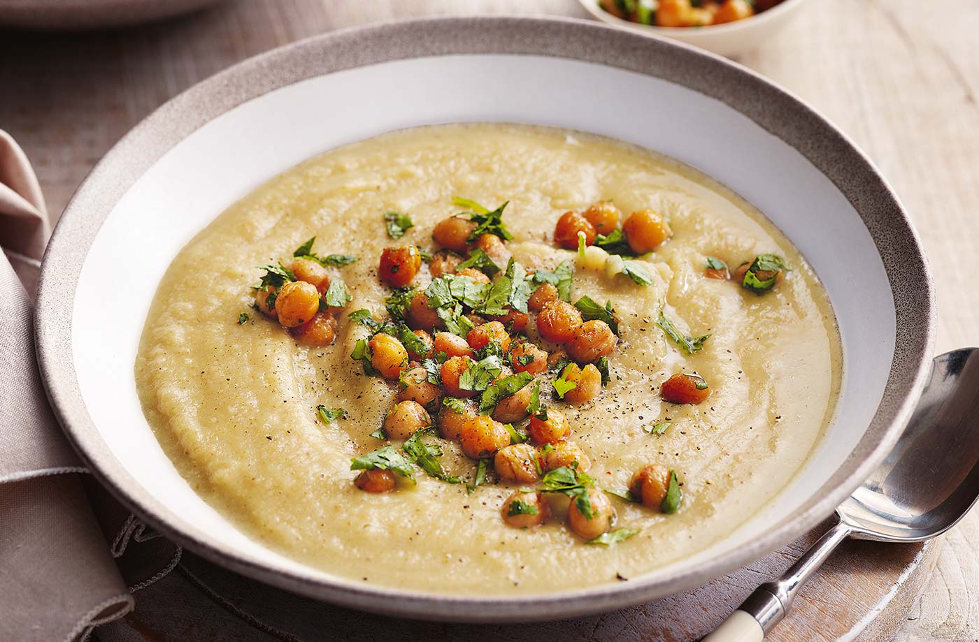 Parsnip and ginger soup with spiced roast chickpeas recipe