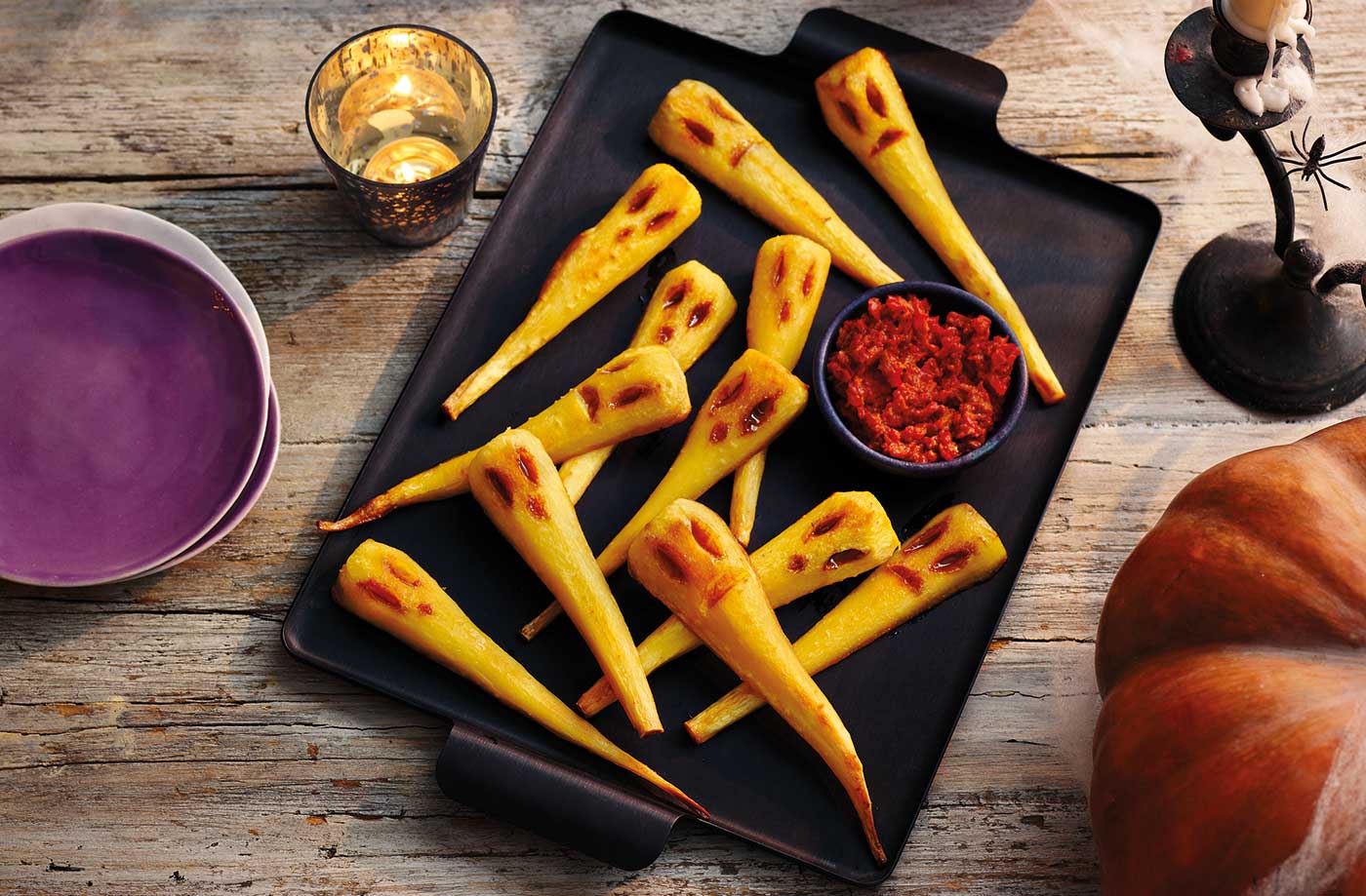 Parsnip ghosts with red pepper dip recipe