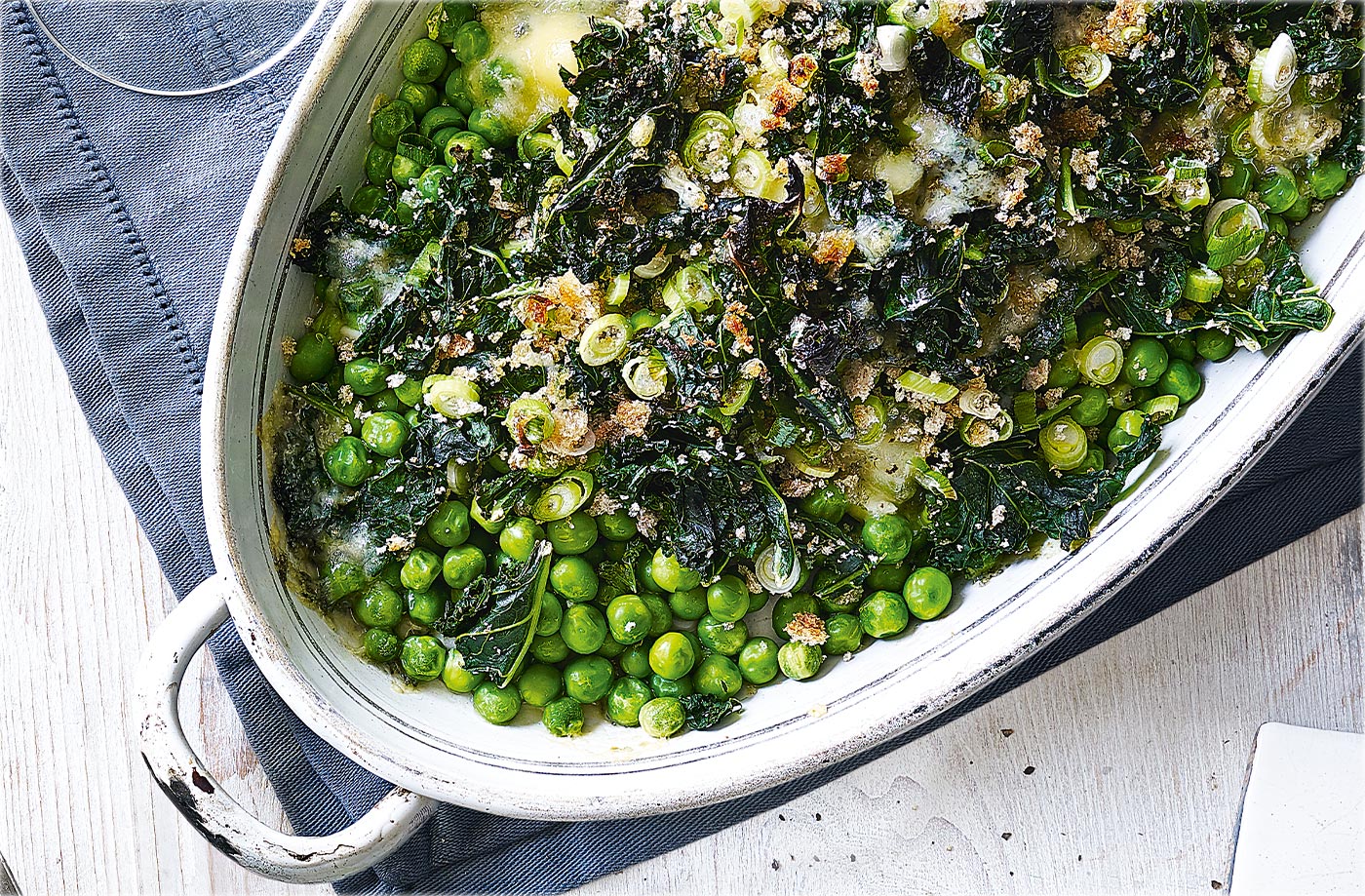 Peas with kale and Stilton recipe