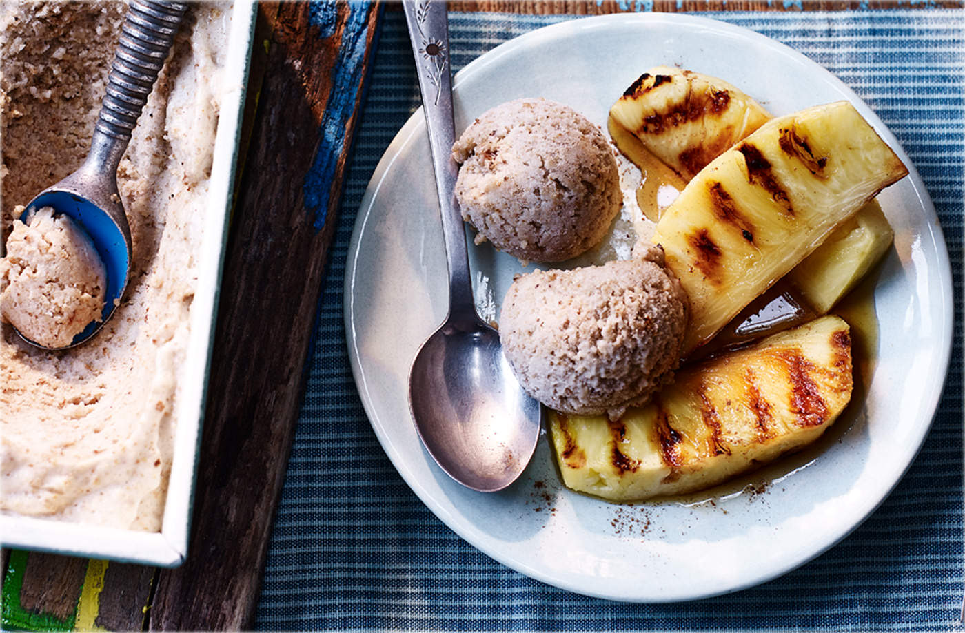 Griddled pineapple with smoked bread and banana ice cream recipe