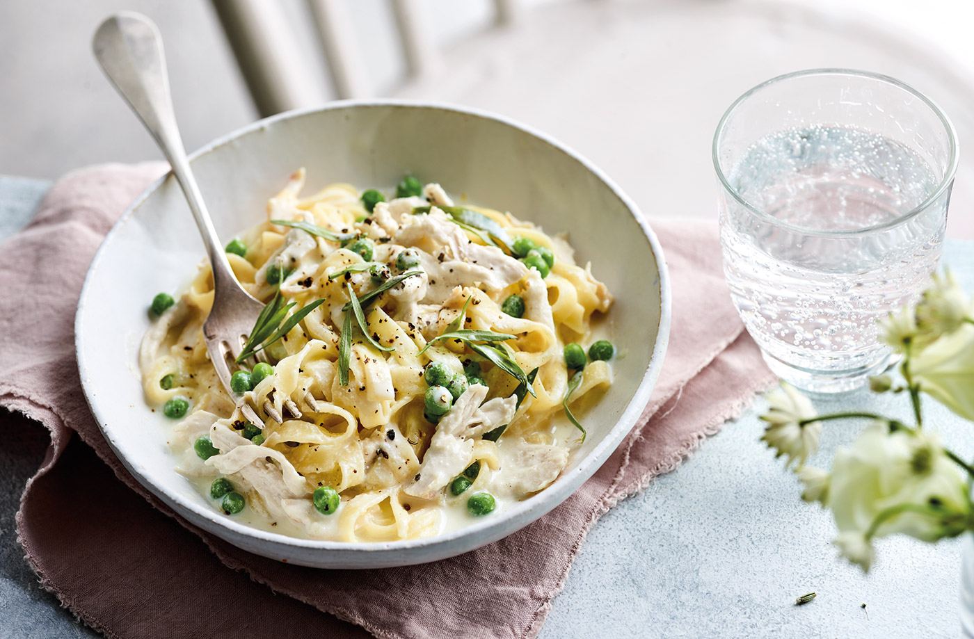 Milk-poached chicken with peas and pasta recipe