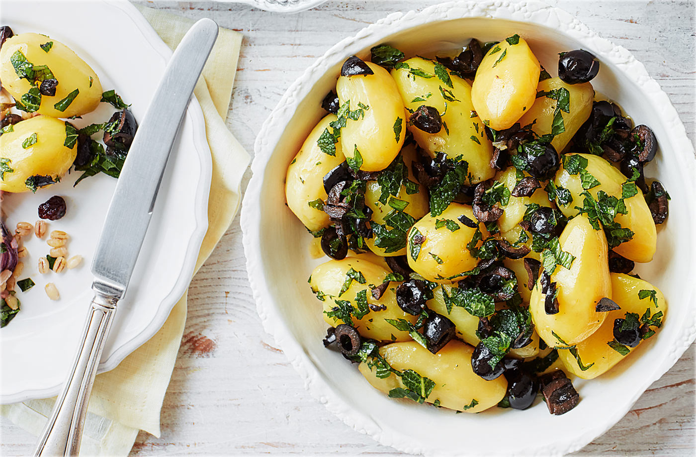 New potatoes with mint oil and black olives recipe