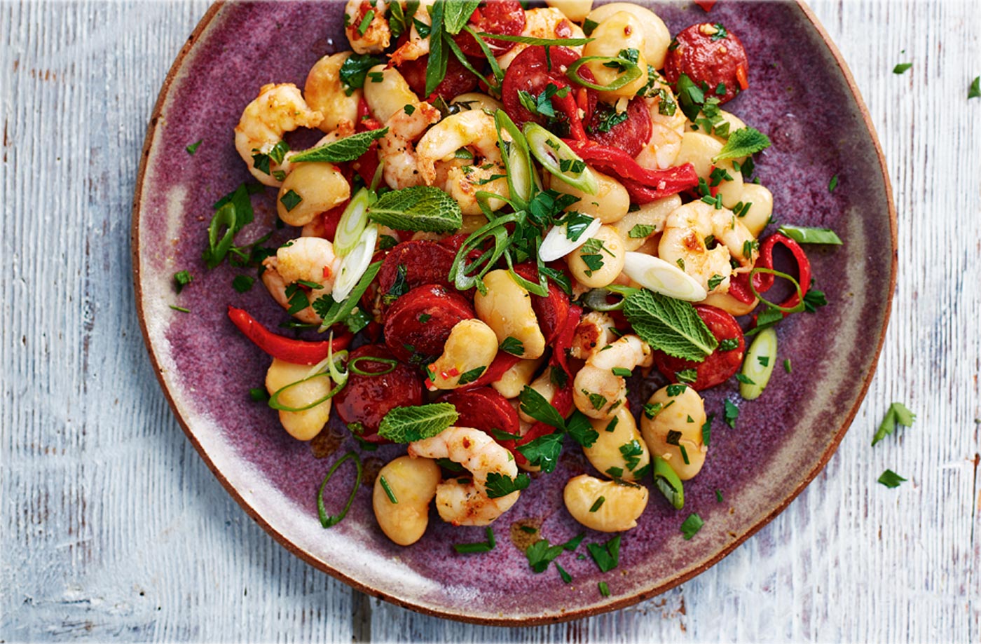 Warm prawn, chorizo and butter bean salad recipe