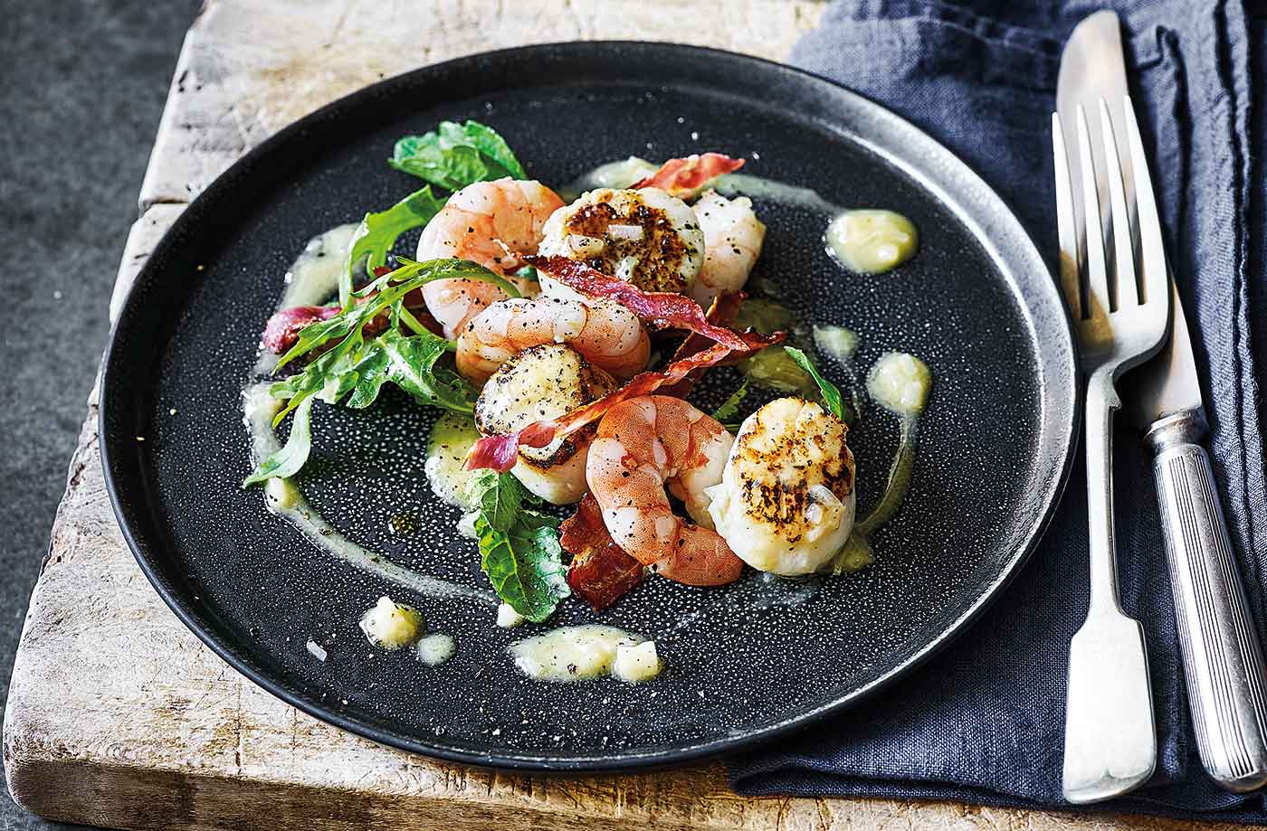 Scallops, prawns and pancetta with beurre blanc recipe
