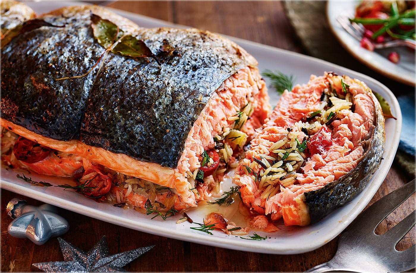 Rice-stuffed salmon with herby buttermilk sauce recipe