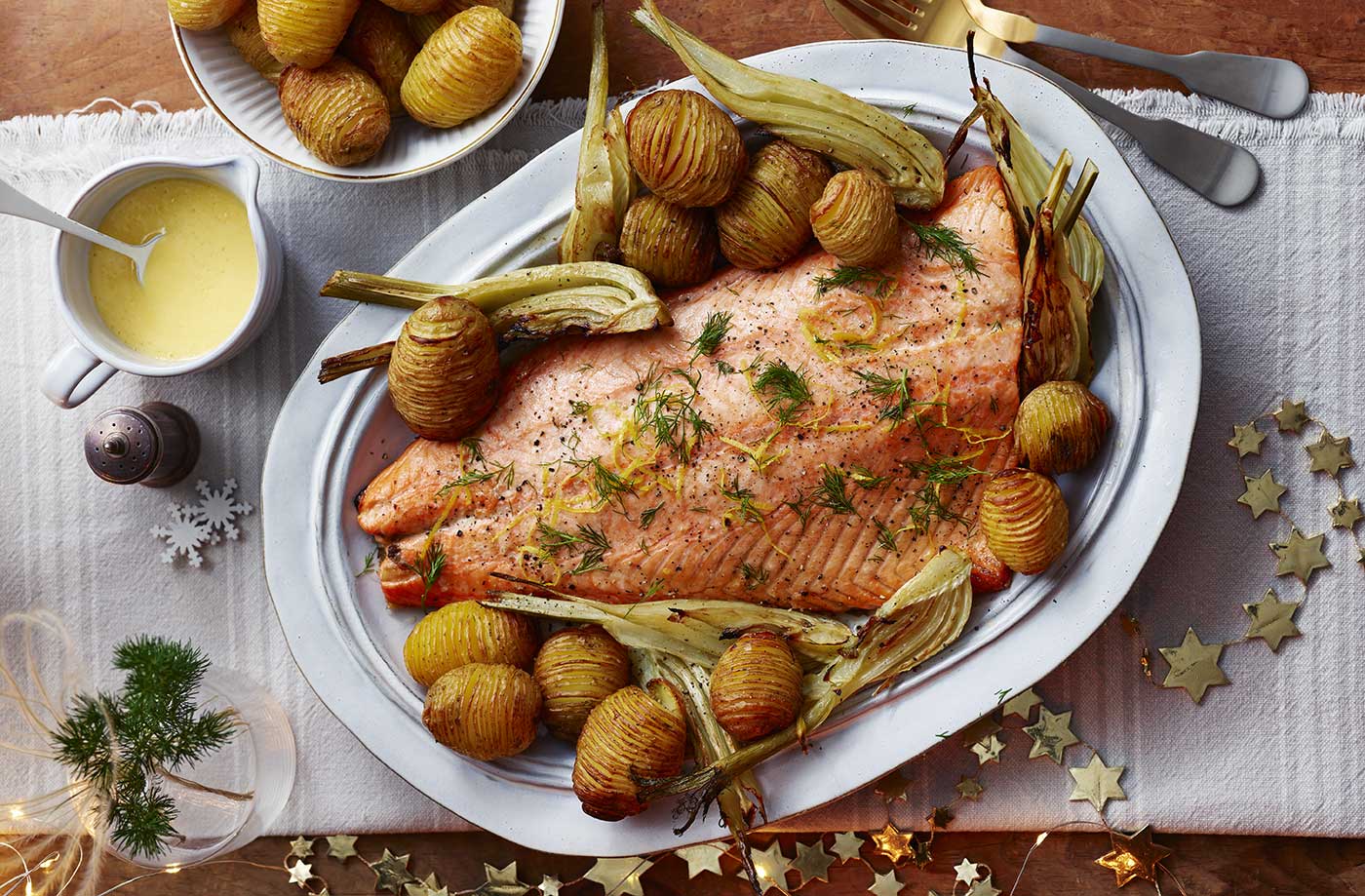 Roast salmon with hasselback potatoes and beurre blanc recipe
