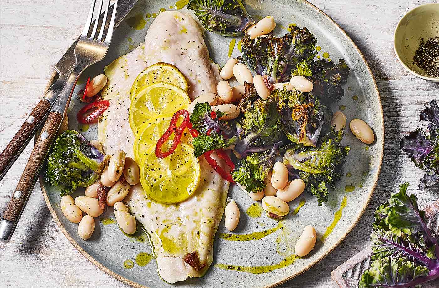 Roasted kalettes with basa fillets and anchovies recipe