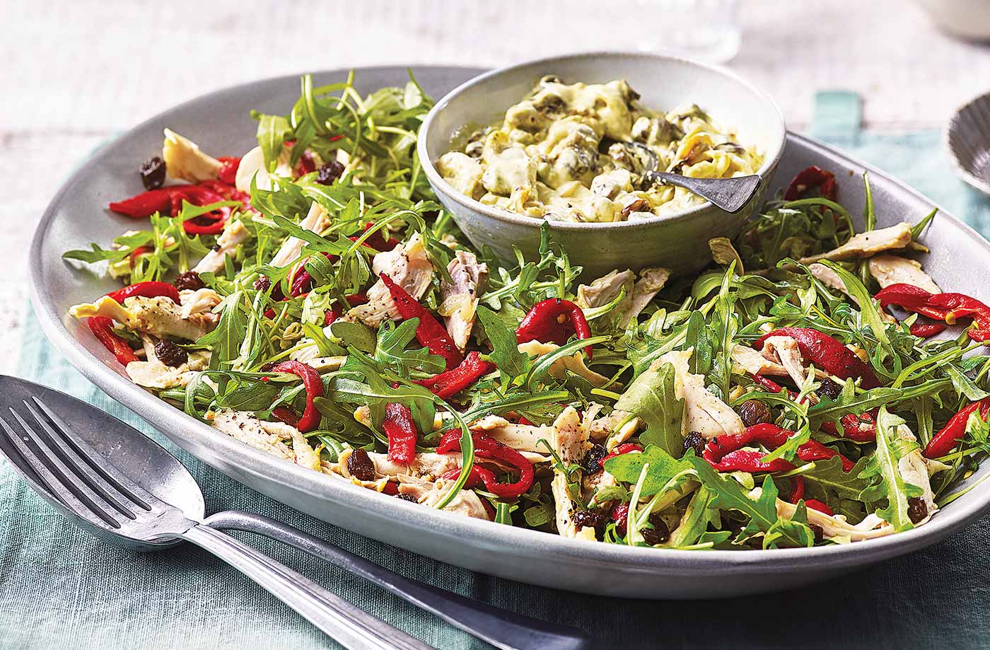 Roasted pepper and chicken salad with coronation dressing recipe
