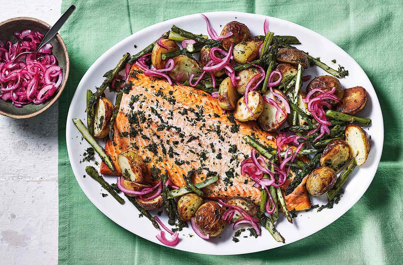One-tray roasted salmon with spring veg recipe