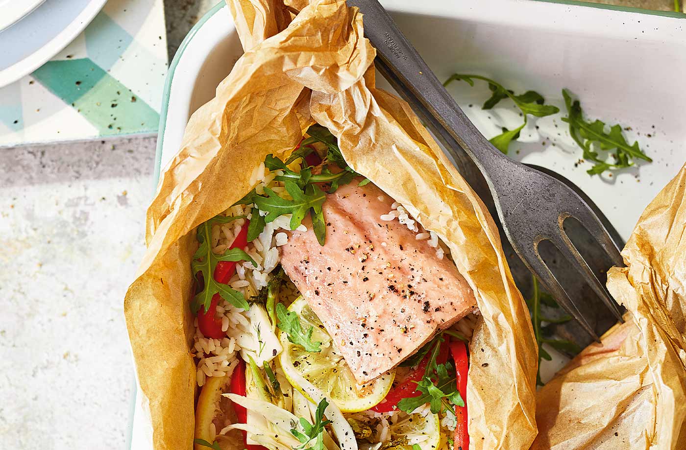 Salmon and rice parcels recipe