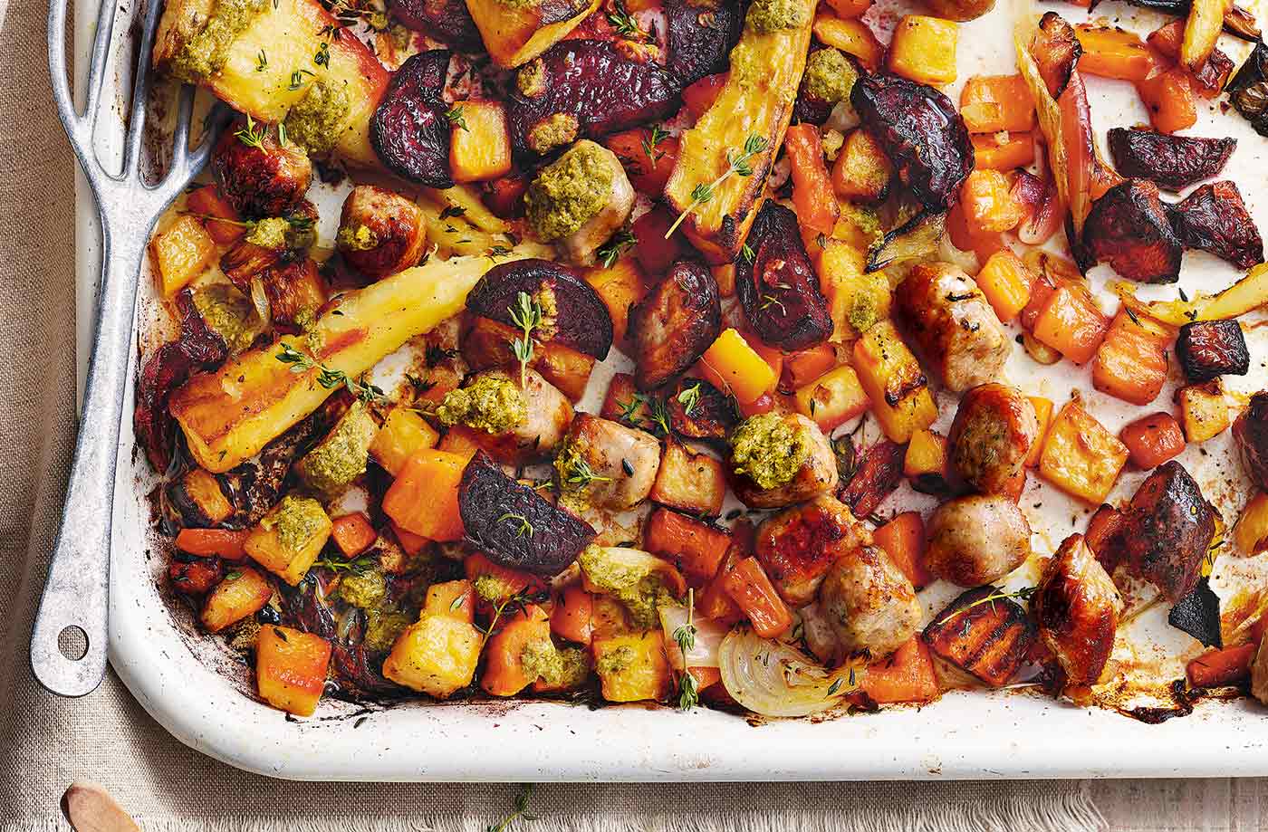 Sausage and veg traybake with pesto sauce recipe