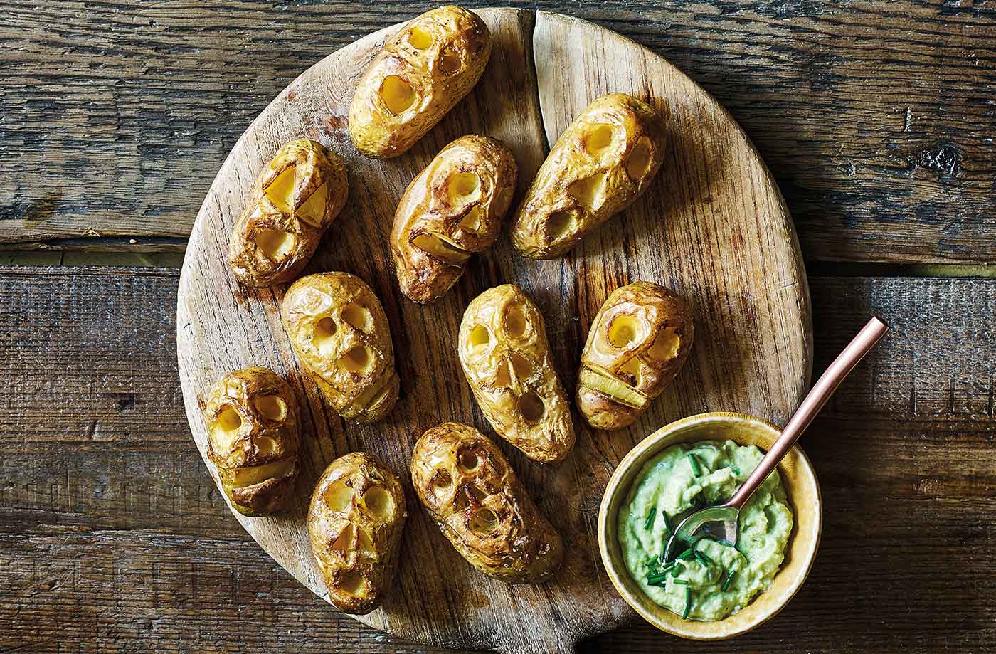 Shrunken potato heads with slime dip recipe