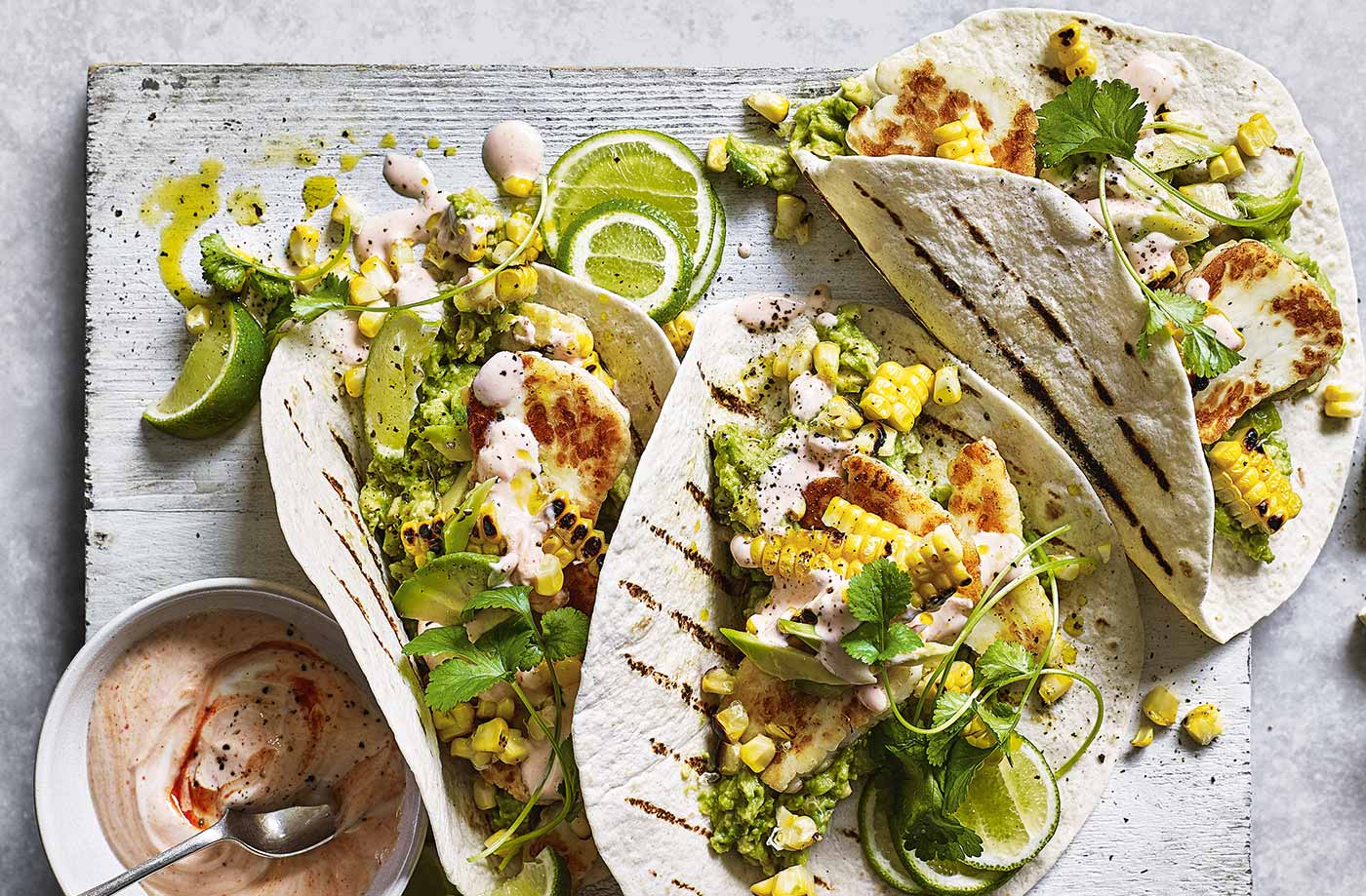 Smashed avocado and halloumi breakfast tacos recipe