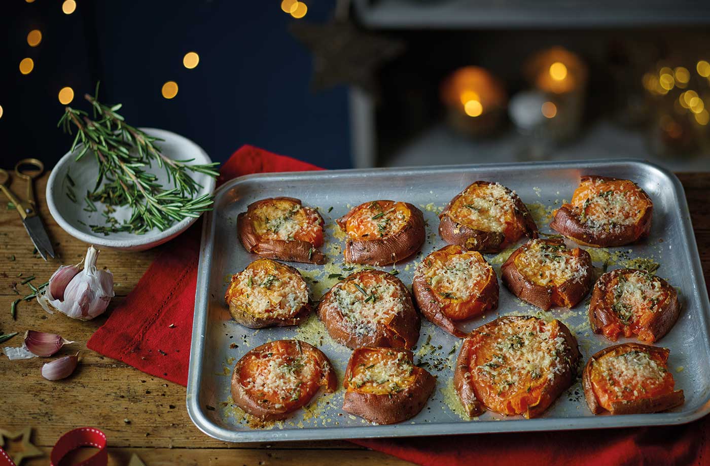 Smashed garlic and Parmesan sweet potatoes recipe