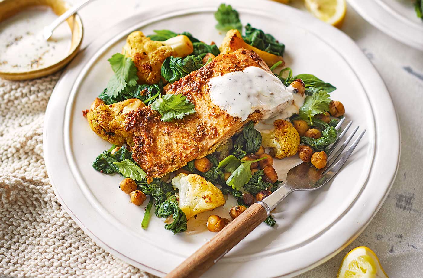 Spiced salmon with chickpeas and spinach recipe