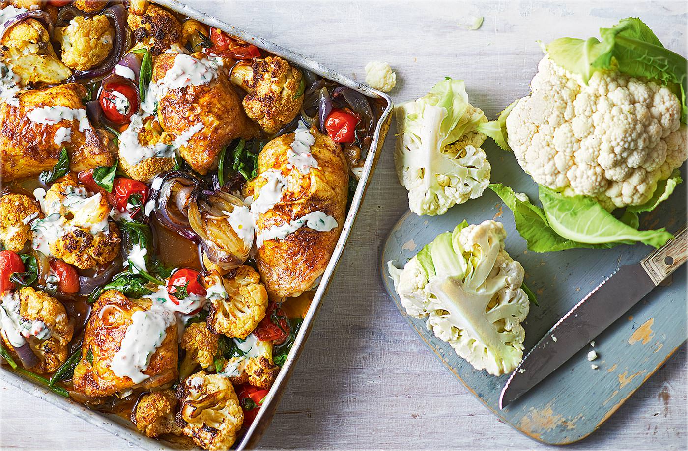 Spiced chicken and cauliflower traybake recipe