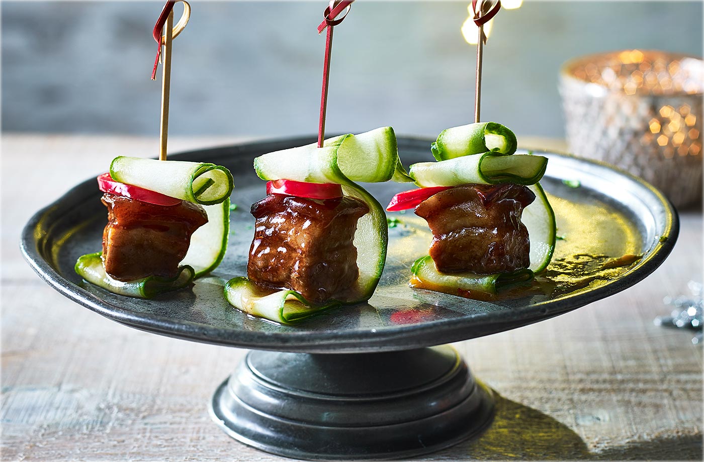 Sticky pork belly skewers recipe