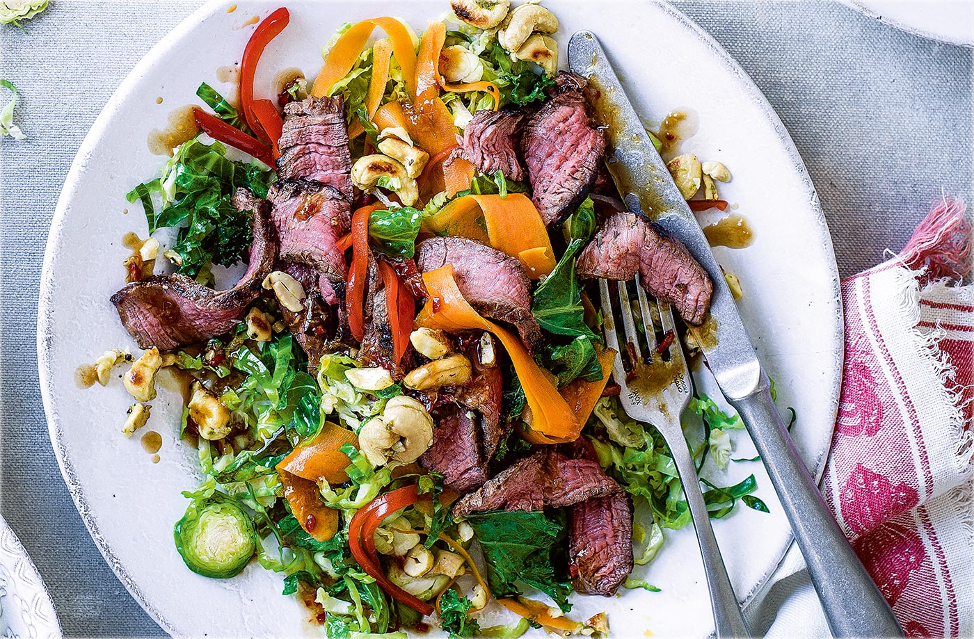 Thai beef and sprout stir-fry with salt and pepper cashews recipe