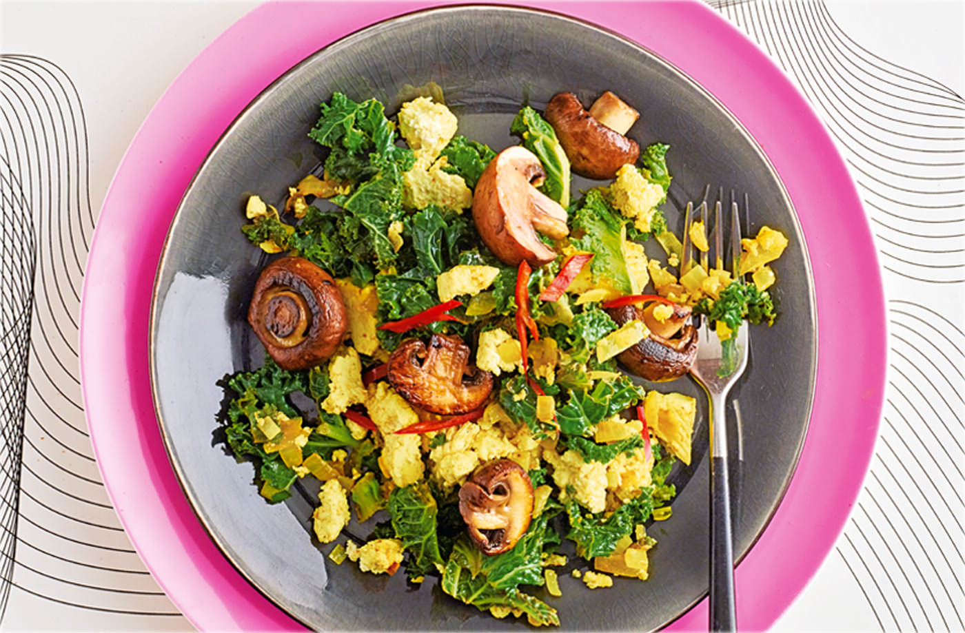 Tofu scramble with kale and roasted mushrooms recipe