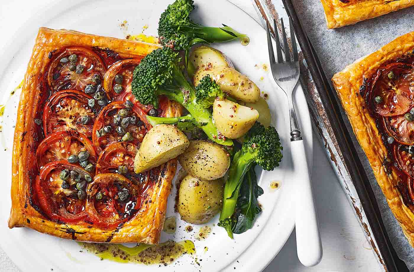 Tomato tarts with mustard potatoes recipe