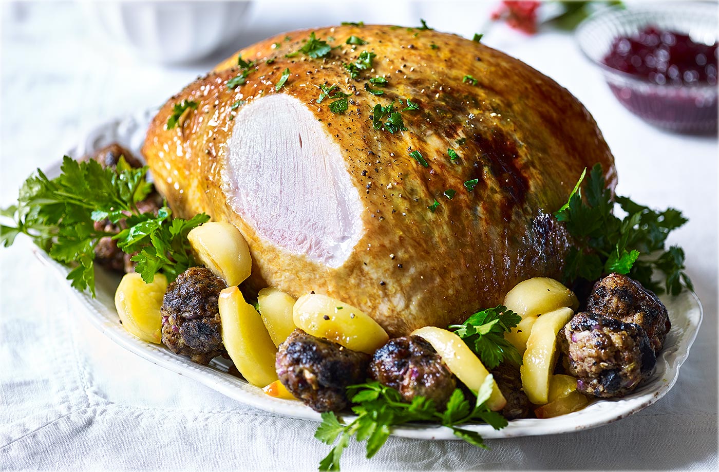 Roast turkey crown with apple and honey glaze  recipe