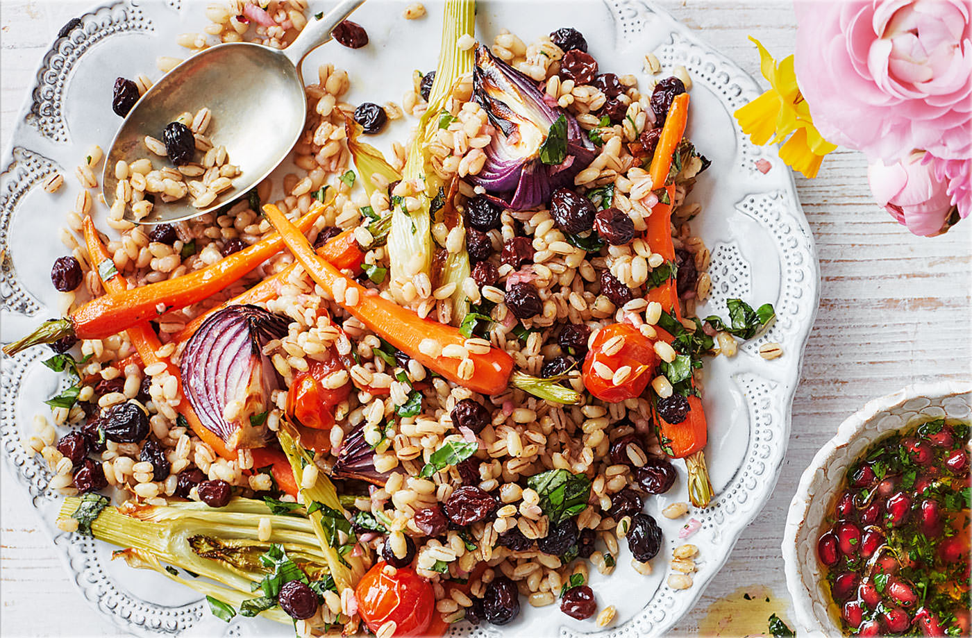 Roasted vegetable pearl barley with honey vinaigrette recipe