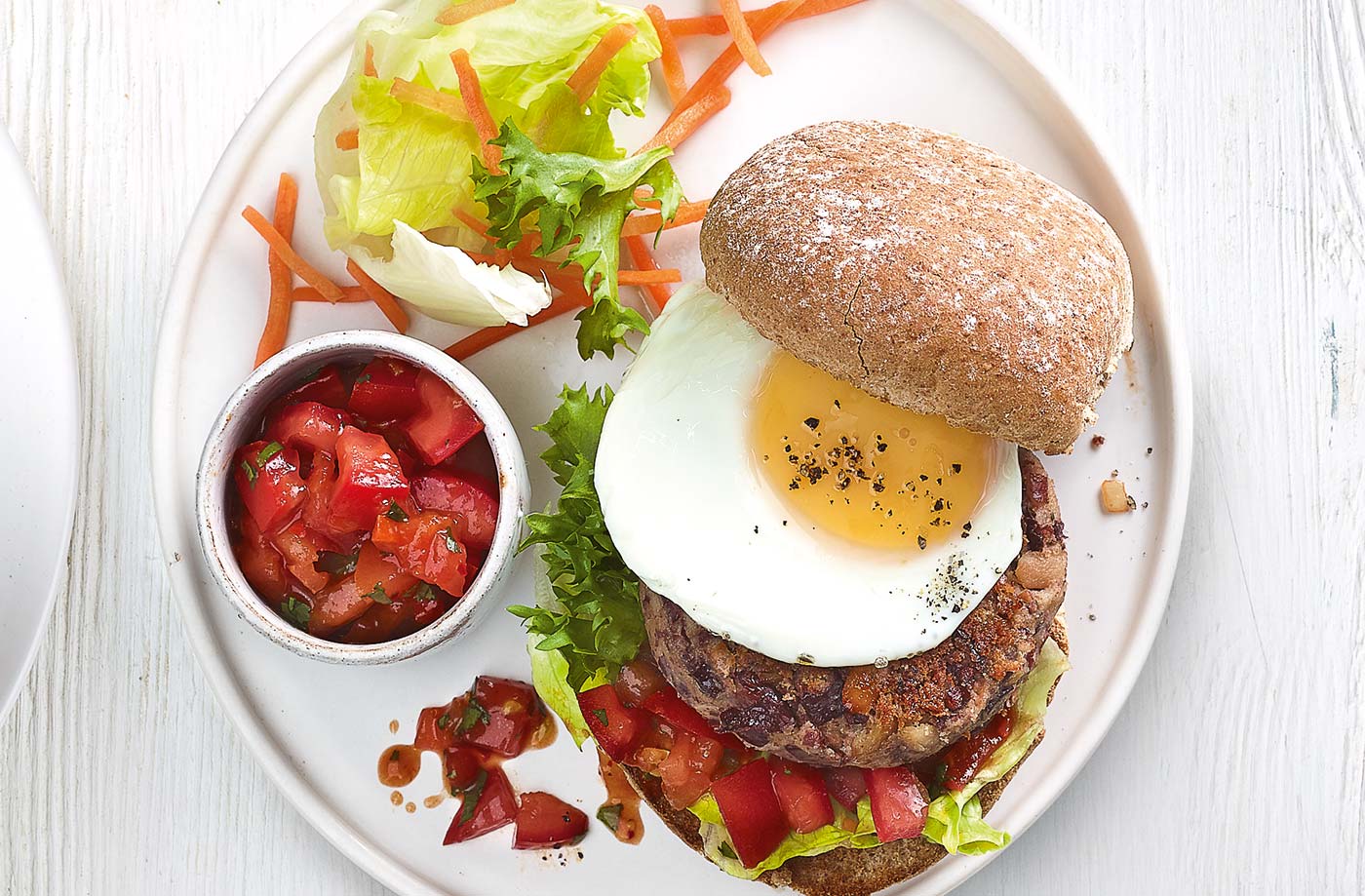 Egg-topped veggie bean burgers recipe
