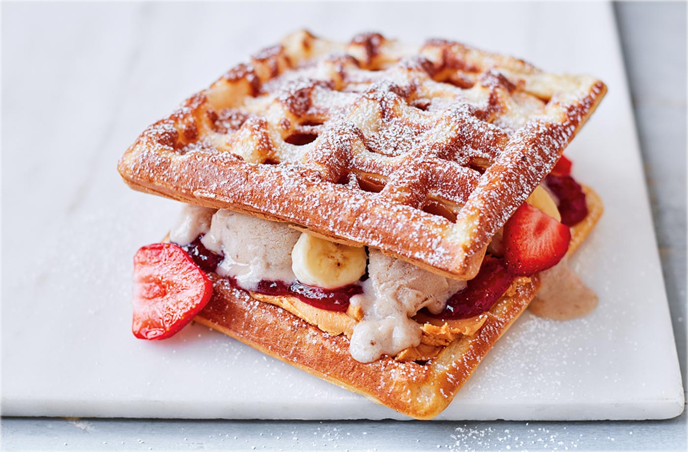 Peanut butter and jam ice-cream waffle sandwich recipe