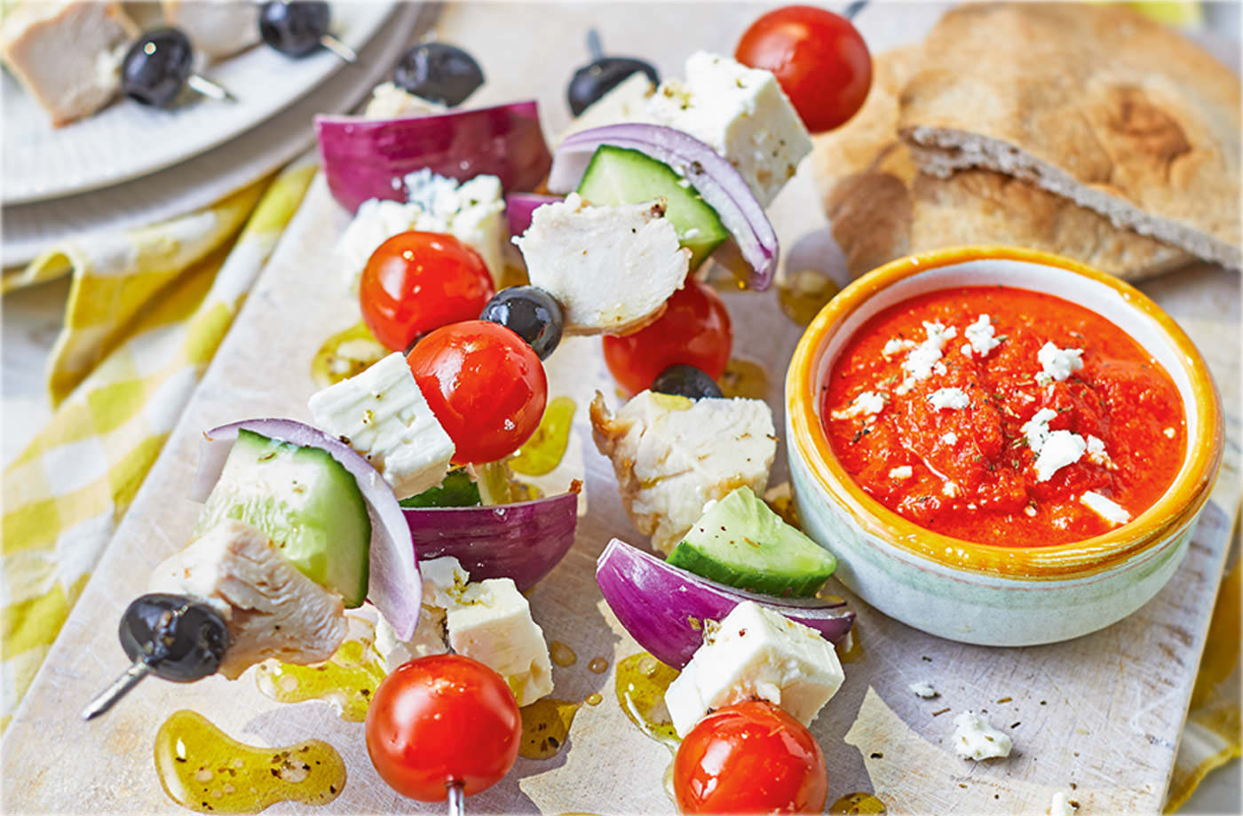 Greek salad kebabs with red pepper dip recipe