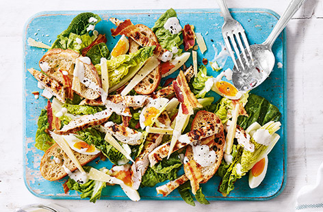 A few clever twists cut the calories in this classic Caesar salad for a lighter summer lunch keeping all the best elements – crisp pancetta, tender chicken and plenty of lettuce with a creamy buttermilk dressing. 
