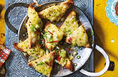 Give cheese-on-toast an Indian street food spin with this triple chilli and double cheese version. With red, green and crushed chillies to add heat to gooey Cheddar and mozzarella, this cheesy snack packs a punch.