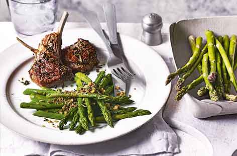 This easy spring lunch is a great way to feed family and friends at the weekend. Roasting lamb chops is much easier than juggling frying pans and takes the hassle out of achieving juicy perfectly-cooked meat every time.